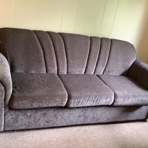 Grey couch, seat width 62", seat depth 22", seat height 19", back height 34", firm but comfortable, pet friendly home, needs cleaning, last pic is tru
