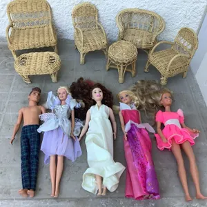 Dolls, wicker furniture
