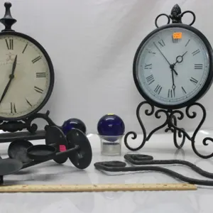 Two Metal Framed Desk Clocks And Candle Wall Sconces