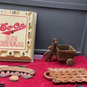 VINTAGE CO-OP ICE CREAM CLOCK W/ CLOCK HANDS BUT NO MECHANISM & WOOD DECOR PIECES