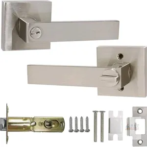 New Interior Privacy Door Lever for Bedroom Stainless Steel Bathroom Flat Reversible Door Handle Square Door Lock Set Without Key Brushed Nickel (1 Pa