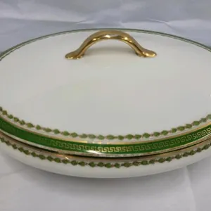 Limoges France L.R.L. Porcelain Covered Serving Dish, Greek Key & Gold Trim, 12in Handles
