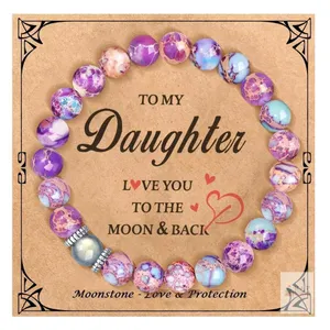 New To  My Daughter Bracelet from Mom & Dad – Natural Imperial Jasper & Moonstone Bracelet – Gifts for Daughter, Teen Girls, Back-to-School, G