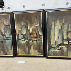 Set of Three Framed Abstract Cityscape Prints with Water Reflections in Black and Gold Frames