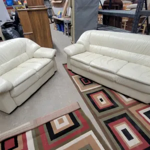 Pair of Cream Leather-Style Overstuffed Sofas with Pillow-Top Back Cushions