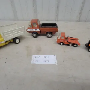 Tonka Yellow Dump Truck, Orange Dump Truck, Orange Pickup Truck, and Black Van