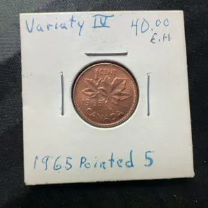 1965 Canadian 1 Cent Coin, Pointed 5 Variety