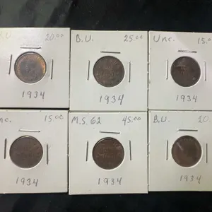 1934 Canadian One Cent Coins, 6pcs, BU & Uncirculated