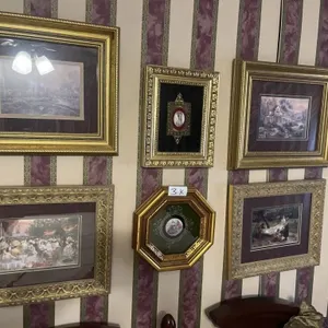 6 pictures various sizes gold frames.