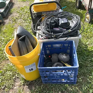 ASSORTED ELECTRONICS, LAWN MOWER DECK WHEELS, FUNNEL, BIKE TUBE & MORE