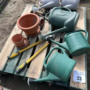 ASSORTED WATERING CANS, FLOWER POTS, PRUNER & TRIMMERS