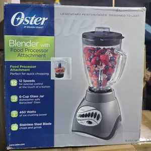 Oster BLSTCC-GFP 12-speed blender with food processor attachment. Features a 6-cup dishwasher-safe Boroclass glass jar and a stainless steel blade. Po