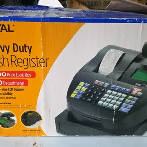 Royal alpha 1000ML heavy-duty cash register. Features 5,000 price look-ups, 200 departments, a 5-line LCD display, and electronic journal. Includes us