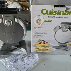 Cuisinart Vertical Belgian Waffle Maker. Features a vertical design with a top-fill spout to prevent overflows, a 5-setting browning control dial, and