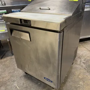 Atosa MSF8301 single-door salad prep table refrigerator. Features stainless steel construction, top compartment with lid, poly cutting board, digital 