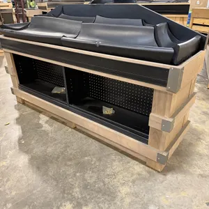 JSI Store Fixtures produce and bakery wooden end cap display. Features black foam stepped risers on the top deck and four rear storage shelves with pe
