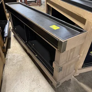 JSI Store Fixtures wooden display end cap. Features wood construction with black pegboard backing, metal corner brackets, and four storage shelves. Di