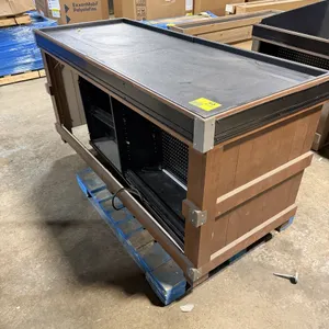 JSI Store Fixtures wooden produce and bakery display island. Features LED illuminated shelves and pegboard back panels. 74"W x 30"D x 36"H. Note: Lowe