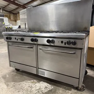 Southbend 10-burner natural gas range. Features stainless steel construction, ten open burners with cast iron grates, two standard ovens, and a high b