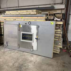 Norlake walk-in beer cooler. Includes 20 glass doors with frames, 62"L x 28"W drink display shelves, and 2 man doors. Includes 4 Heatcraft ADT180AK ev