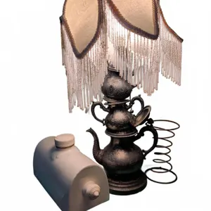 Table Lamp with Metal Teapot Base and Beaded Fabric Shade, Plus Ceramic Bed Warmer and Metal Spring