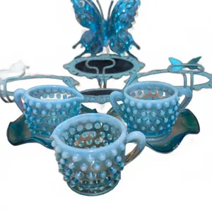 Blue Hobnail Glass Sugar and Creamer Set with Wall Plaques