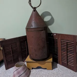 Tin Star Punch Primitive Lamp With Shutters and Shade