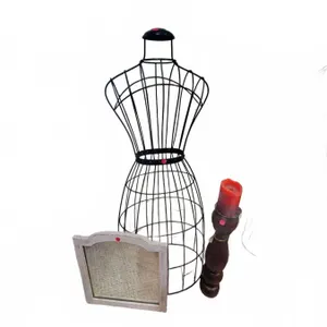 Wire Dress Form, Wood Candle Holder, Small Mirror Lot
