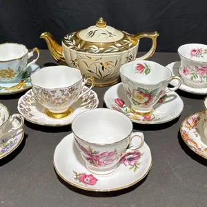 Sadler Teapot and Assorted English Bone China Tea Cups with Saucers