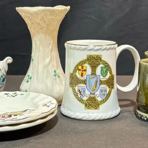 Irish Porcelain and English Pottery Lot, Mugs, Plates, Vases