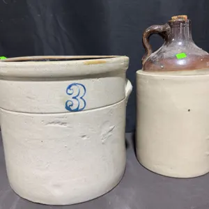 Stoneware Crock, Stoneware Jug, and Rope