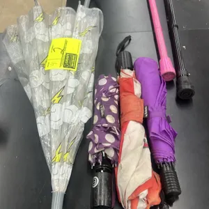 Assorted umbrella and walking cane lot. Includes one clear stick umbrella with cloud and lightning bolt pattern, three compact travel umbrellas, one p