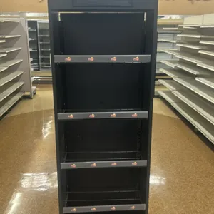 Frito-Lay multi-tier laminate retail merchandiser. Features a black laminate cabinet, top header sign frame, and metallic diamond plate style kick pla