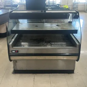 BKI 2-tier hot food merchandiser. Features stainless steel construction, curved glass front and sides, flat top shelf, bottom tier with wire grates, a