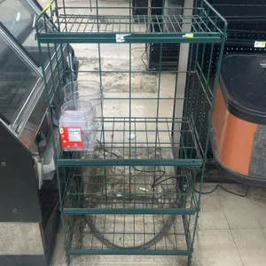 Metal wire multi-tier merchandiser rack. Features a green finish with three wire shelves. Includes two clear plastic merchandising tubs. Measures 24"L