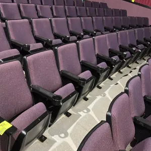 Floor-mounted movie theater seating row. Features purple cloth upholstered cushions, flip-up seats, black plastic armrests with integrated cup holders
