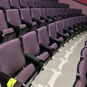Movie theater seating row. Features four connected purple cloth cushioned seats with flip-up cushions, integrated cup holder armrests, and black prote