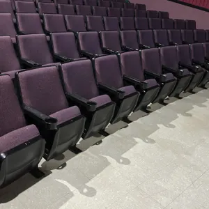 Floor-mounted movie theater seating row. Features purple cloth-cushioned foldable seats, black plastic armrests with integrated cup holders, and black