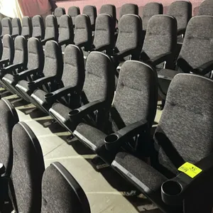 Floor-mounted movie theater seating row. Features black patterned cloth-cushioned flip-up seats, high backrests, and black plastic armrests with integ