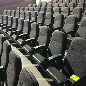 Row of floor-mounted movie theater seats. Features charcoal gray patterned cloth cushioned seats and backs with protective plastic rear shells. Equipp