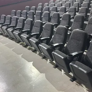 Floor-mounted movie theater seating row. Features cloth-cushioned folding seats, integrated armrests with cup holders, and high backrests. Finished in