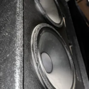 Commercial movie theater dual-driver subwoofer cabinet. Features a black textured enclosure, dual front-firing low-frequency drivers, and side slotted