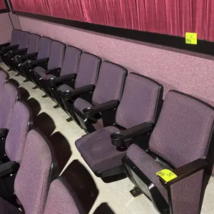 Irwin Seating Company floor-mounted movie theater seating row. Features purple cloth upholstered cushions, folding seats, and black plastic armrests w