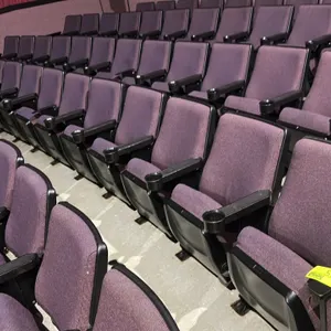 Floor-mounted movie theater seating row. Features purple cloth upholstered cushioned flip-up seats, black plastic protective back shells, and shared a