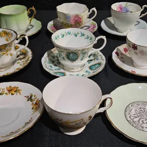 Bone China Teacups and Saucers, Floral Designs, 9 Sets
