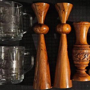 Glass Mugs and Assorted Turned Wood Vases Group