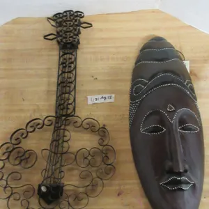 Hand Carved Wooden Wall Mask and Guitar Style Wall Décor