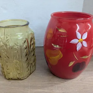 2 Vases, glass, amber and painted