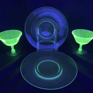 2 Uranium Glass Dessert Cups & Plates