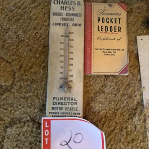 Charles B Hess thermometer and farmers pocket ledger, Price Lumber, Fremont, Ohio